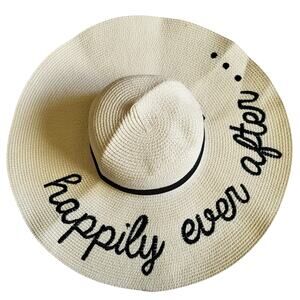 HAPPILY EVER AFTER... Cream & Black Wide Brim 100% Natural Straw Floppy Hat
